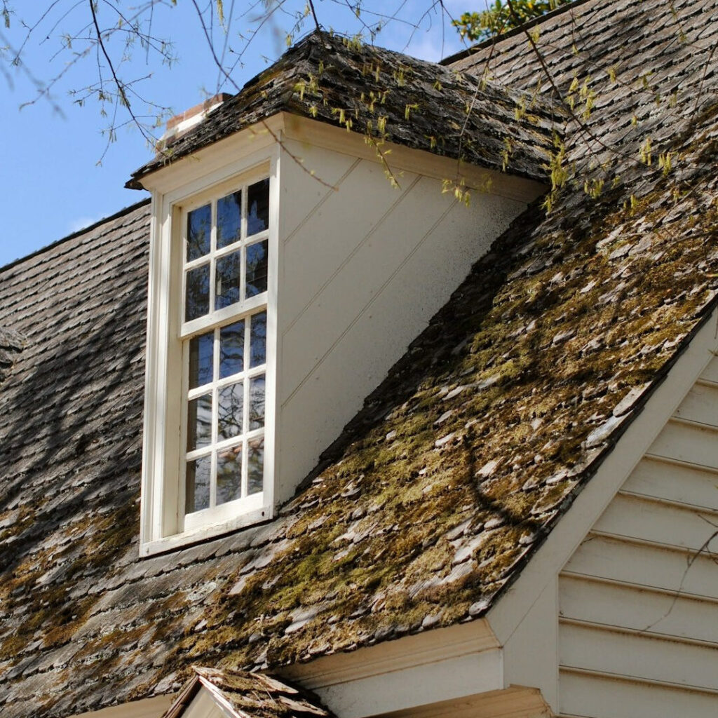 Picture of dormer window in a wooden shingle roof